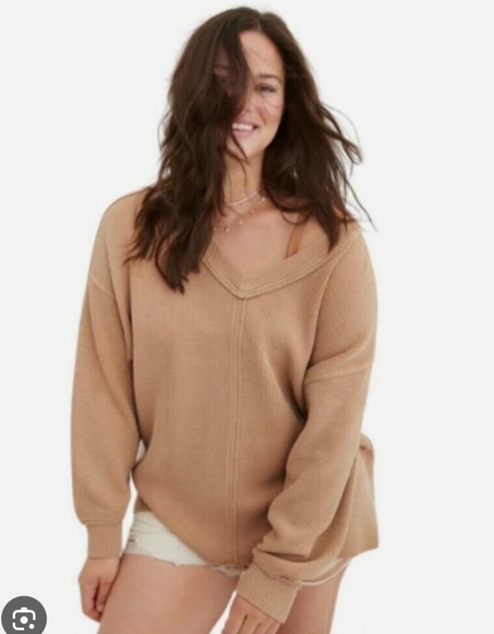 Aerie Wonder Texture Oversized V-Neck Knit Pullover Sweater Size Medium
